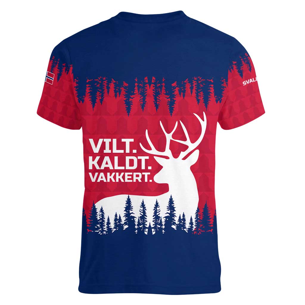 Norway Svalbard Women V-Neck T-Shirt with Reindeer Silhouette Forest and Norwegian Flag - Wonder Print Shop