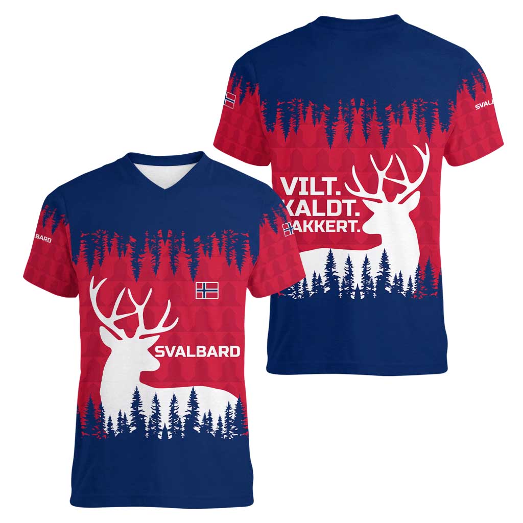 Norway Svalbard Women V-Neck T-Shirt with Reindeer Silhouette Forest and Norwegian Flag - Wonder Print Shop