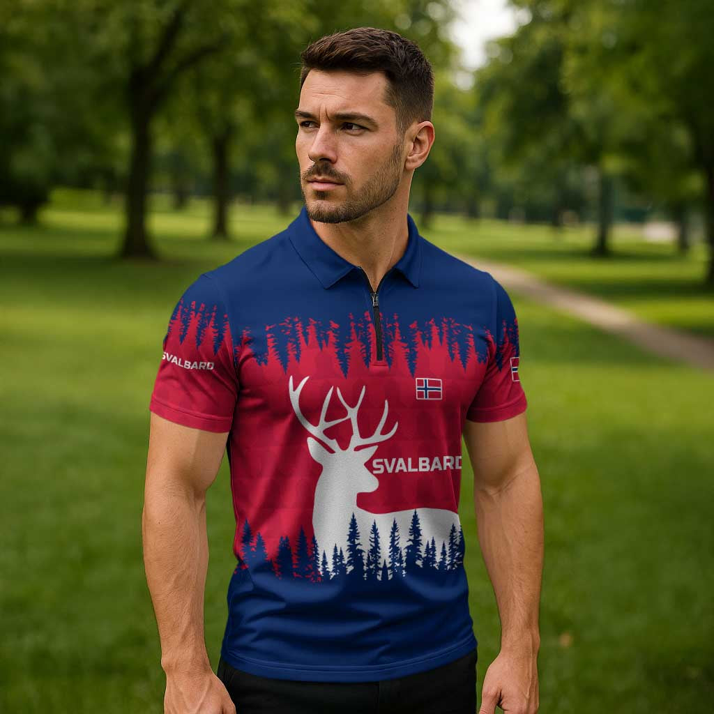 Norway Svalbard Zipper Polo Shirt with Reindeer Silhouette Forest and Norwegian Flag - Wonder Print Shop