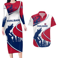 Svalbard Norway Couples Matching Long Sleeve Bodycon Dress and Hawaiian Shirt with Polar Bear Forest and Norwegian Flag - Wonder Print Shop
