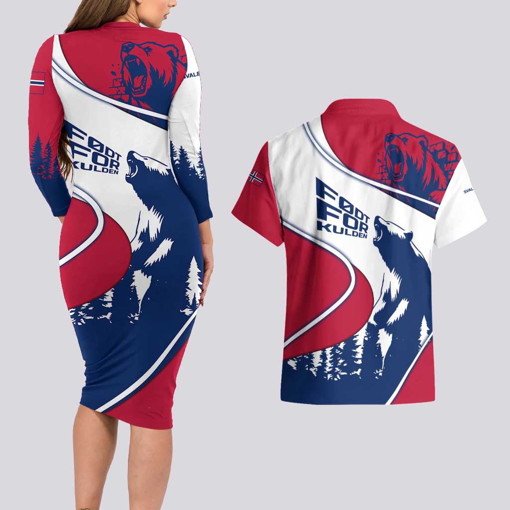 Svalbard Norway Couples Matching Long Sleeve Bodycon Dress and Hawaiian Shirt with Polar Bear Forest and Norwegian Flag - Wonder Print Shop