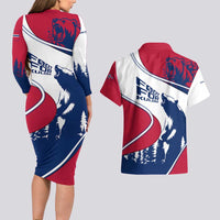 Svalbard Norway Couples Matching Long Sleeve Bodycon Dress and Hawaiian Shirt with Polar Bear Forest and Norwegian Flag - Wonder Print Shop