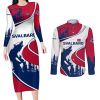 Svalbard Norway Couples Matching Long Sleeve Bodycon Dress and Long Sleeve Button Shirt with Polar Bear Forest and Norwegian Flag - Wonder Print Shop
