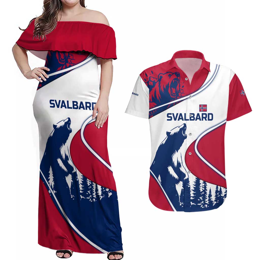 Svalbard Norway Couples Matching Off Shoulder Maxi Dress and Hawaiian Shirt with Polar Bear Forest and Norwegian Flag - Wonder Print Shop