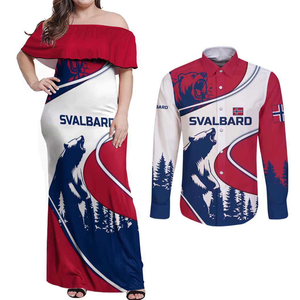 Svalbard Norway Couples Matching Off Shoulder Maxi Dress and Long Sleeve Button Shirt with Polar Bear Forest and Norwegian Flag - Wonder Print Shop