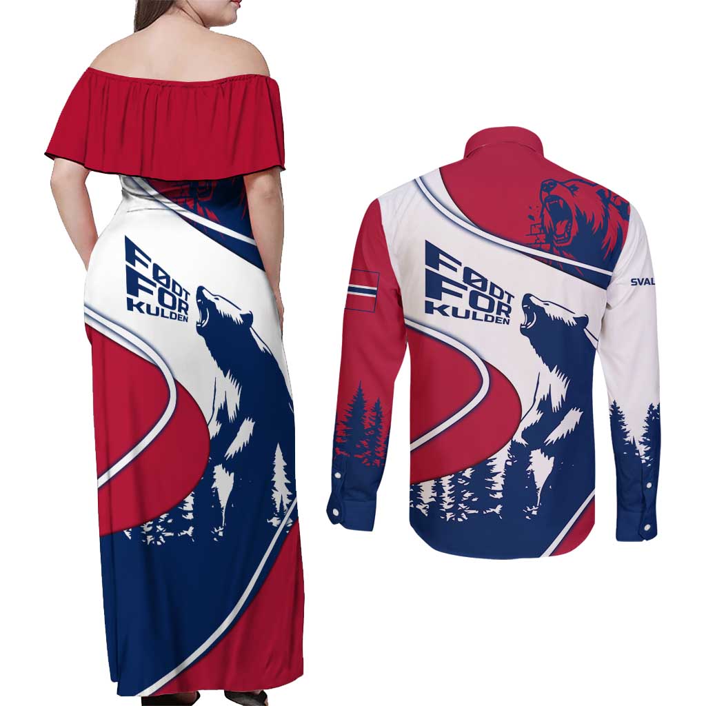 Svalbard Norway Couples Matching Off Shoulder Maxi Dress and Long Sleeve Button Shirt with Polar Bear Forest and Norwegian Flag - Wonder Print Shop