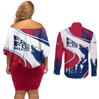 Svalbard Norway Couples Matching Off Shoulder Short Dress and Long Sleeve Button Shirt with Polar Bear Forest and Norwegian Flag - Wonder Print Shop