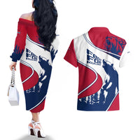 Svalbard Norway Couples Matching Off The Shoulder Long Sleeve Dress and Hawaiian Shirt with Polar Bear Forest and Norwegian Flag - Wonder Print Shop