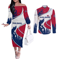Svalbard Norway Couples Matching Off The Shoulder Long Sleeve Dress and Long Sleeve Button Shirt with Polar Bear Forest and Norwegian Flag - Wonder Print Shop