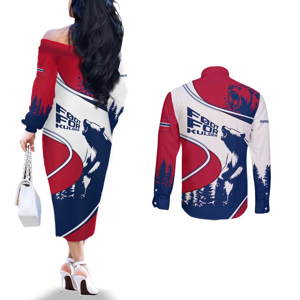 Svalbard Norway Couples Matching Off The Shoulder Long Sleeve Dress and Long Sleeve Button Shirt with Polar Bear Forest and Norwegian Flag - Wonder Print Shop