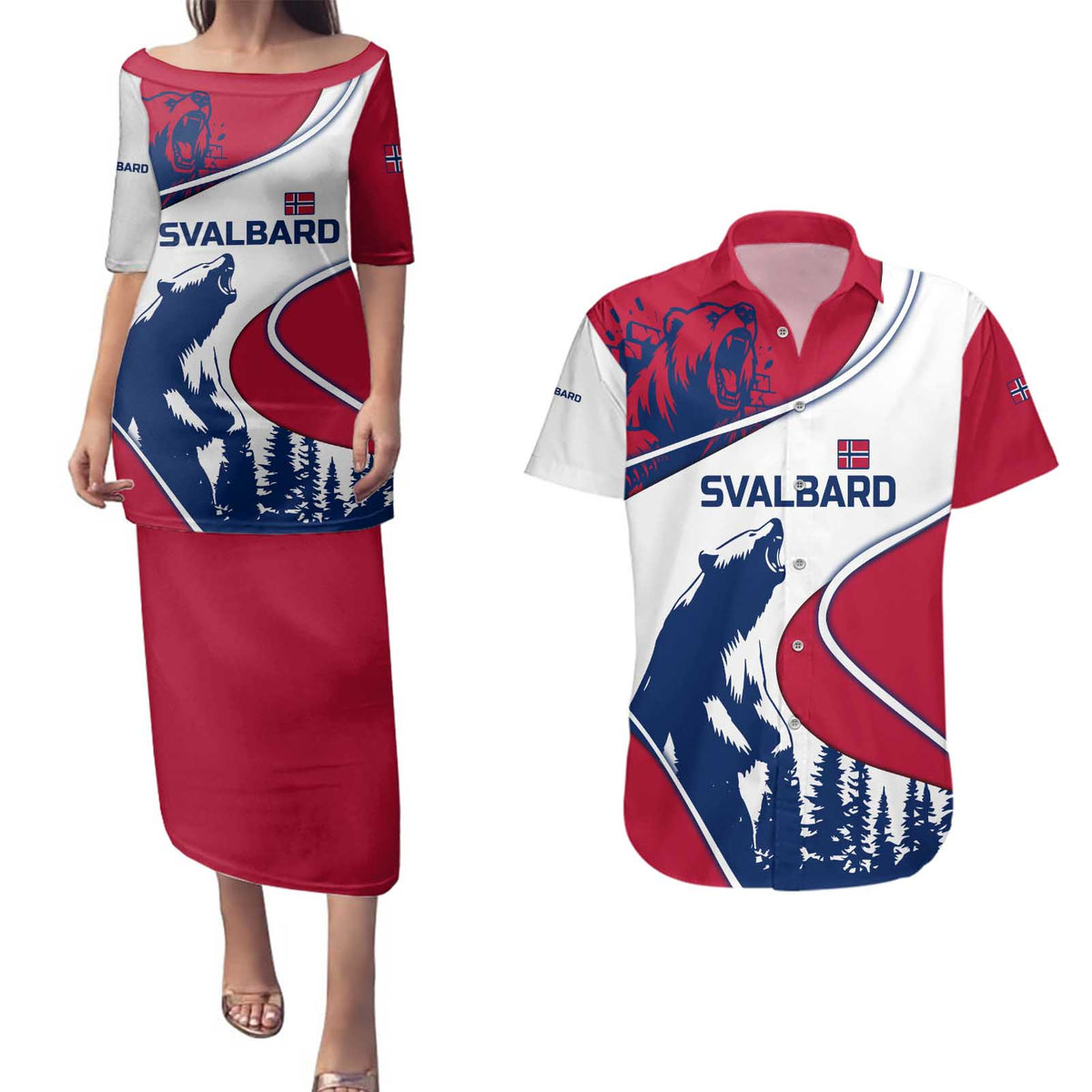 Svalbard Norway Couples Matching Puletasi and Hawaiian Shirt with Polar Bear Forest and Norwegian Flag - Wonder Print Shop
