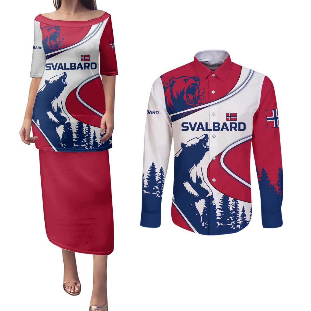 Svalbard Norway Couples Matching Puletasi and Long Sleeve Button Shirt with Polar Bear Forest and Norwegian Flag - Wonder Print Shop
