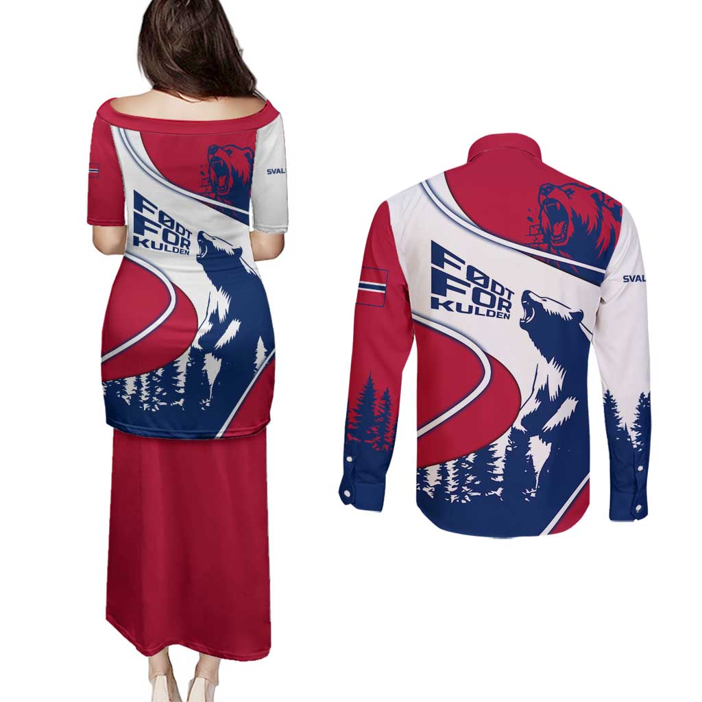 Svalbard Norway Couples Matching Puletasi and Long Sleeve Button Shirt with Polar Bear Forest and Norwegian Flag - Wonder Print Shop