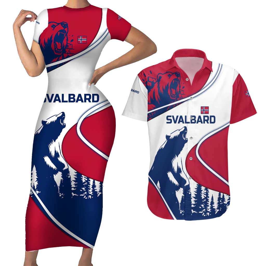 Svalbard Norway Couples Matching Short Sleeve Bodycon Dress and Hawaiian Shirt with Polar Bear Forest and Norwegian Flag - Wonder Print Shop