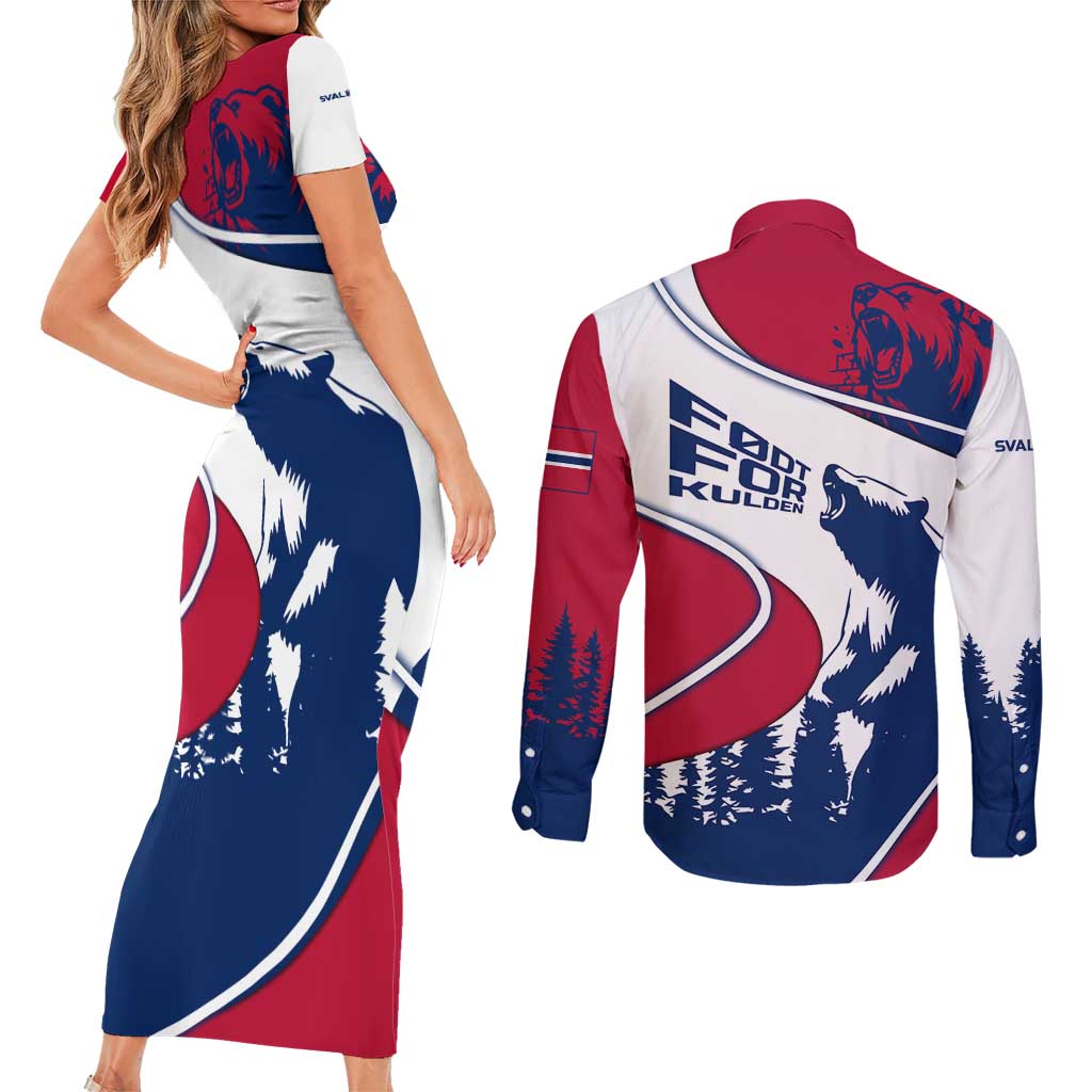 Svalbard Norway Couples Matching Short Sleeve Bodycon Dress and Long Sleeve Button Shirt with Polar Bear Forest and Norwegian Flag - Wonder Print Shop