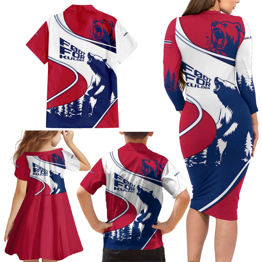 Svalbard Norway Family Matching Long Sleeve Bodycon Dress and Hawaiian Shirt with Polar Bear Forest and Norwegian Flag - Wonder Print Shop