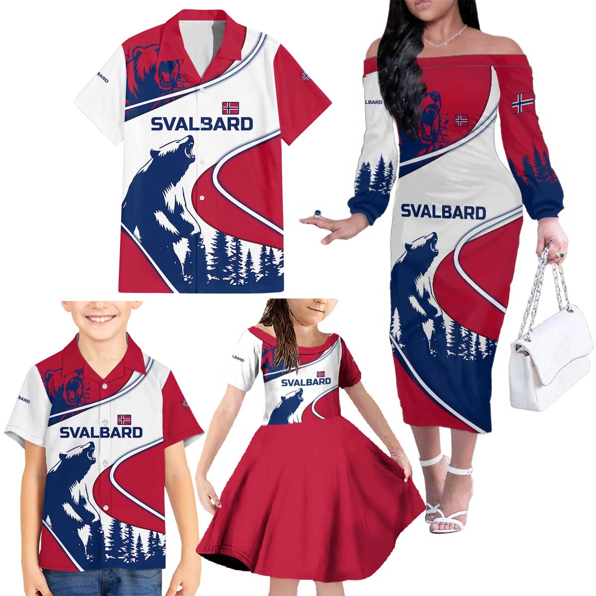 Svalbard Norway Family Matching Off The Shoulder Long Sleeve Dress and Hawaiian Shirt with Polar Bear Forest and Norwegian Flag - Wonder Print Shop