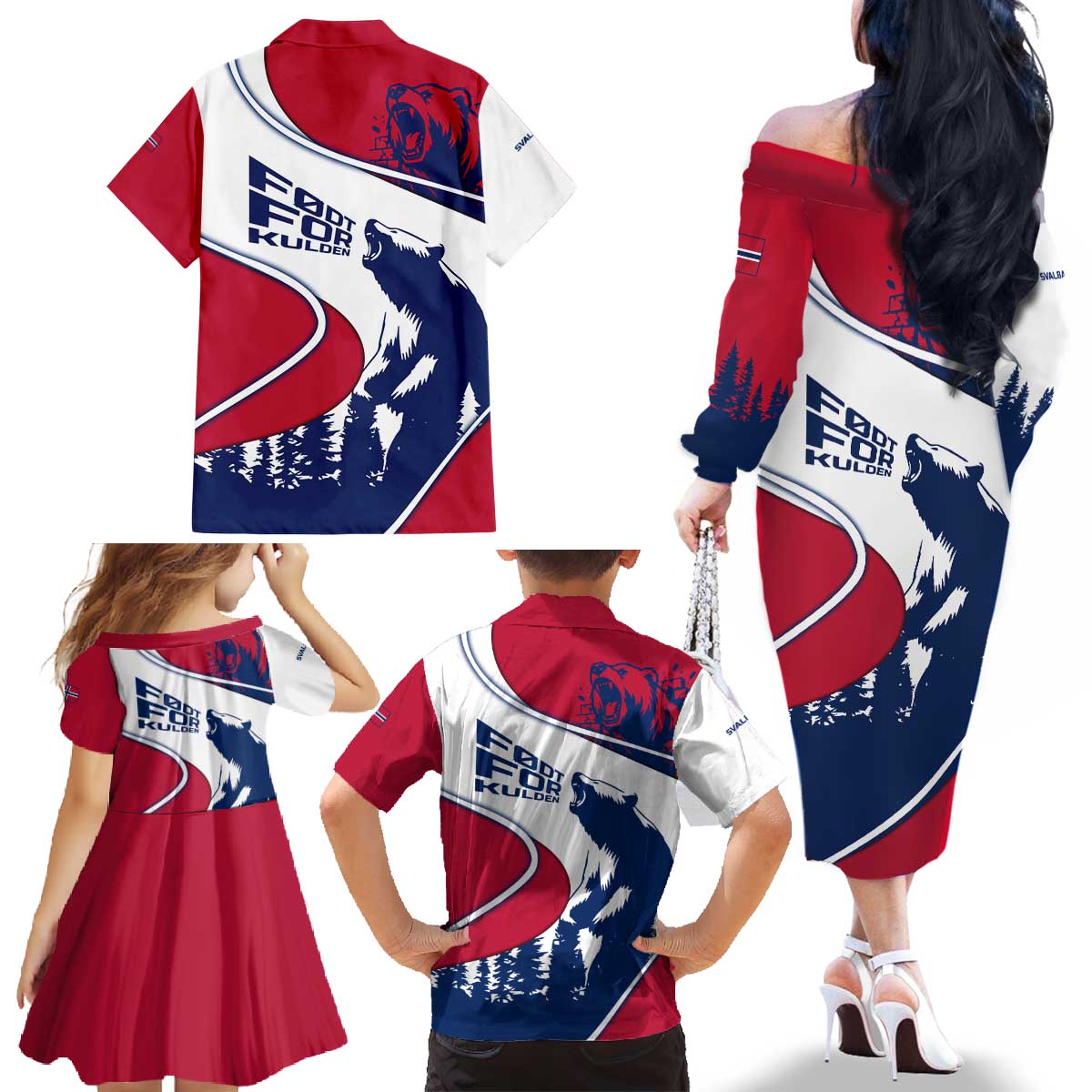Svalbard Norway Family Matching Off The Shoulder Long Sleeve Dress and Hawaiian Shirt with Polar Bear Forest and Norwegian Flag - Wonder Print Shop