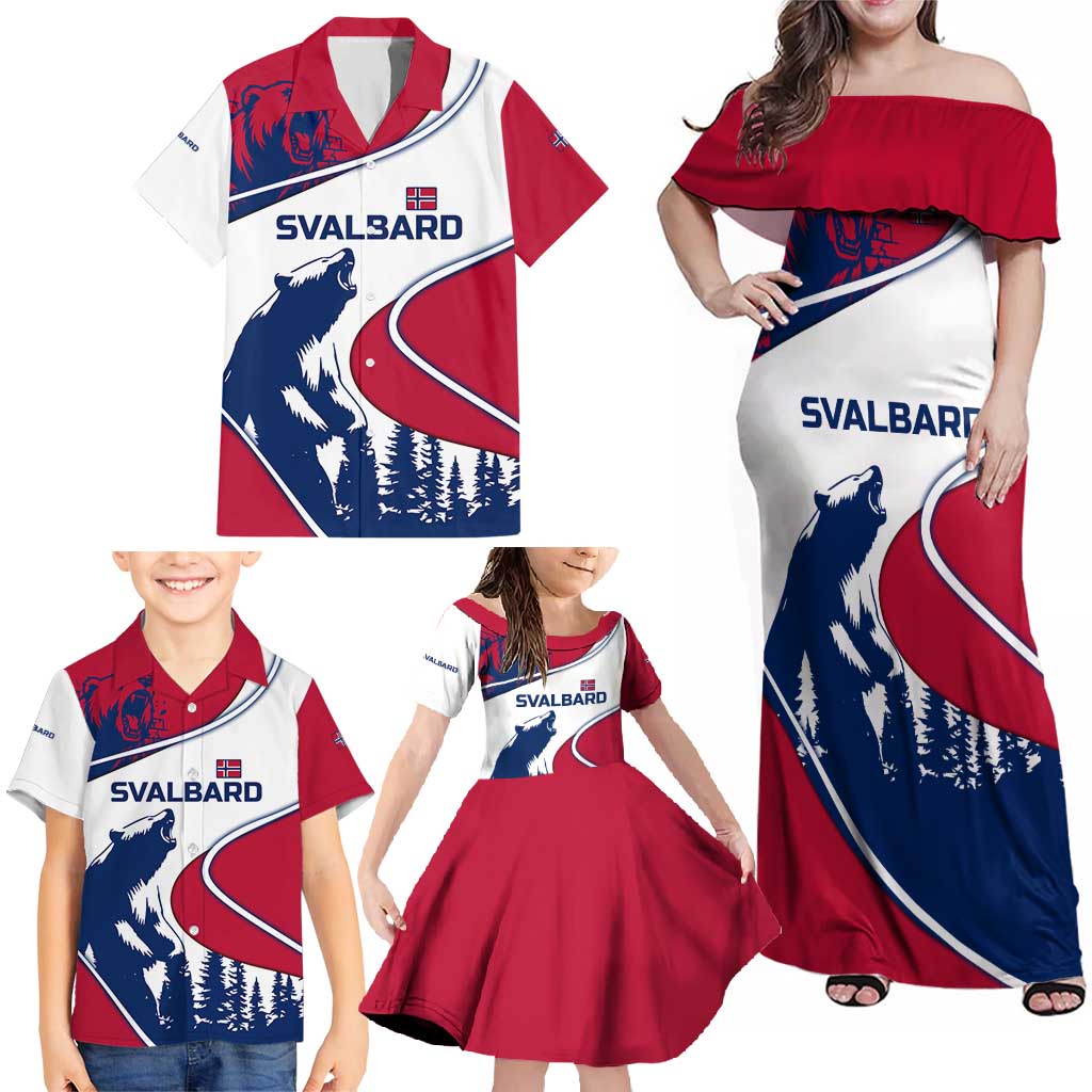 Svalbard Norway Family Matching Off Shoulder Maxi Dress and Hawaiian Shirt with Polar Bear Forest and Norwegian Flag - Wonder Print Shop