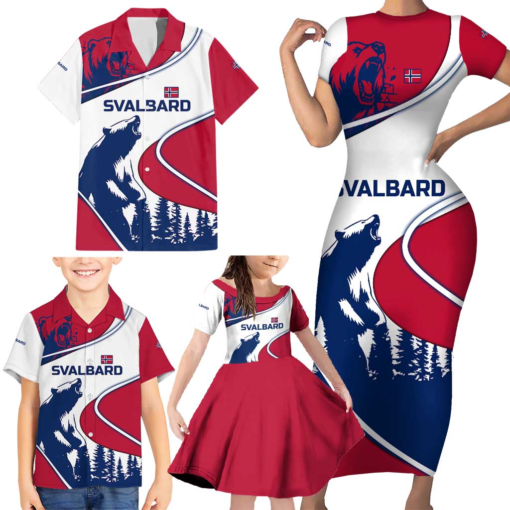Svalbard Norway Family Matching Short Sleeve Bodycon Dress and Hawaiian Shirt with Polar Bear Forest and Norwegian Flag - Wonder Print Shop