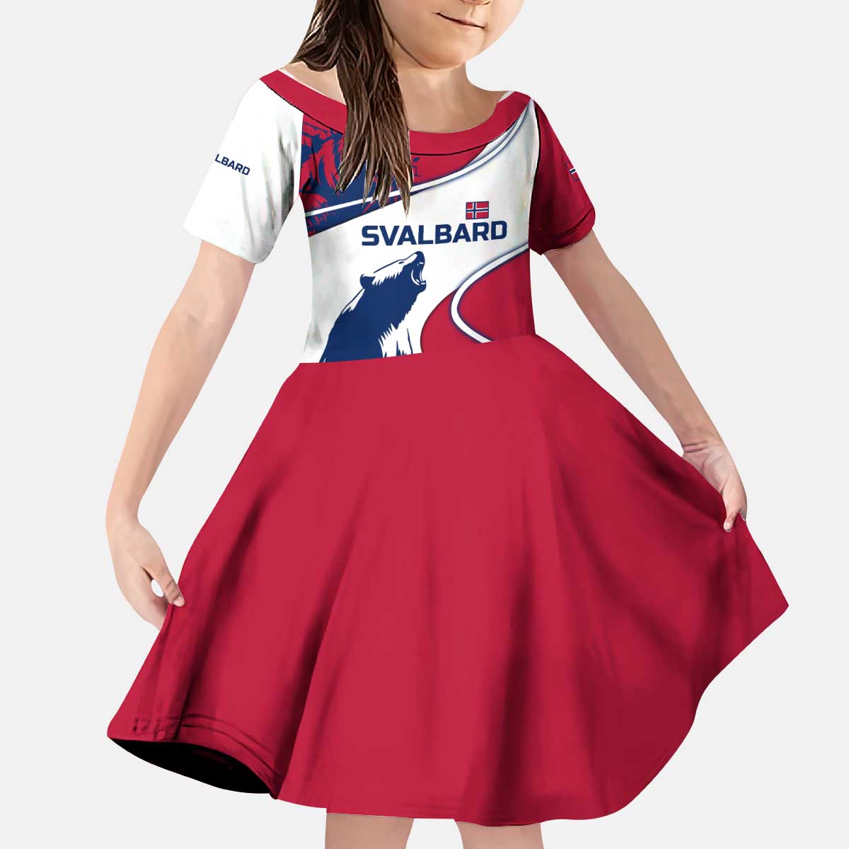 Svalbard Norway Kid Short Sleeve Dress with Polar Bear Forest and Norwegian Flag - Wonder Print Shop