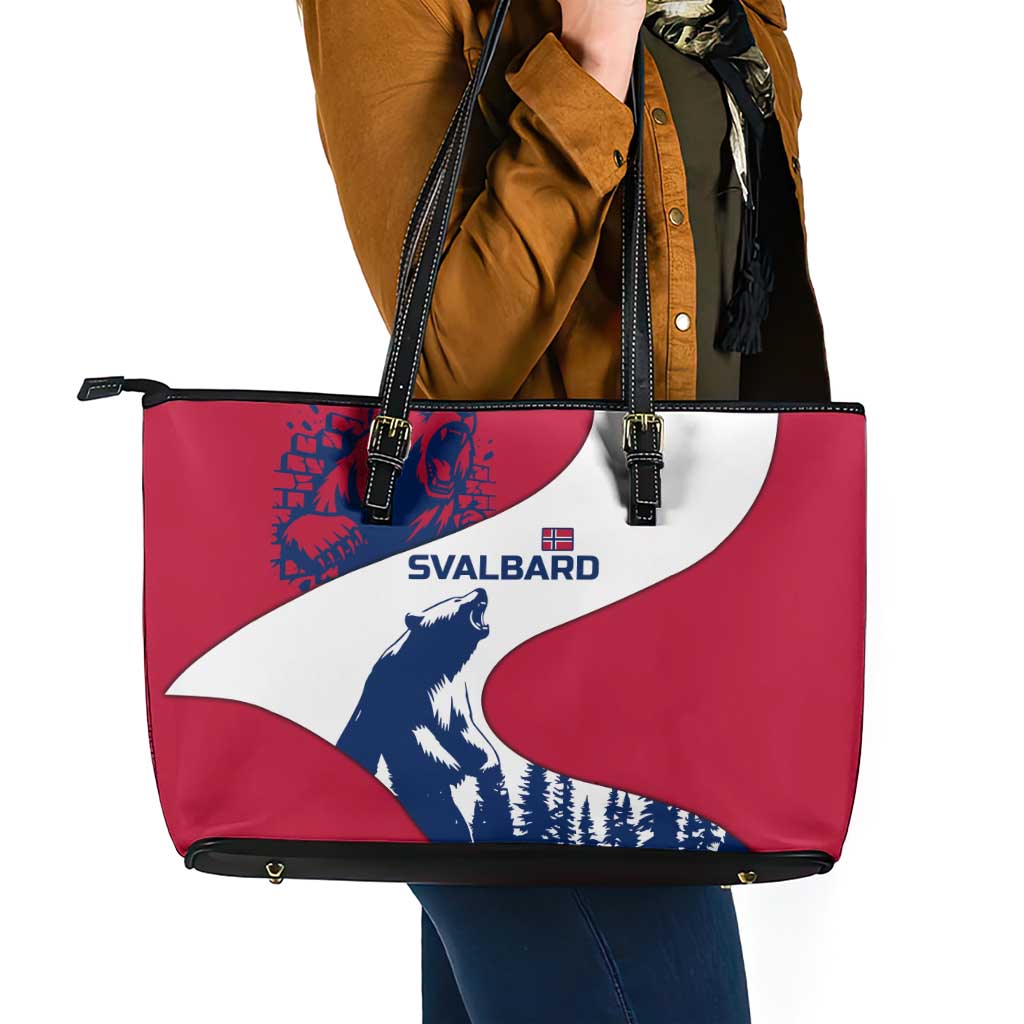 Svalbard Norway Leather Tote Bag with Polar Bear Forest and Norwegian Flag - Wonder Print Shop