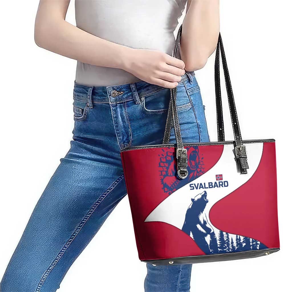 Svalbard Norway Leather Tote Bag with Polar Bear Forest and Norwegian Flag - Wonder Print Shop