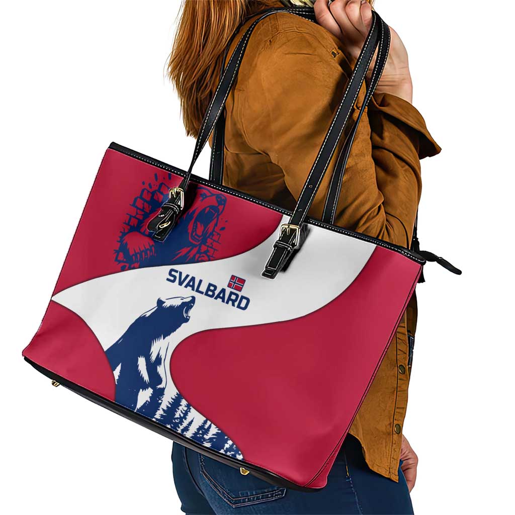 Svalbard Norway Leather Tote Bag with Polar Bear Forest and Norwegian Flag - Wonder Print Shop