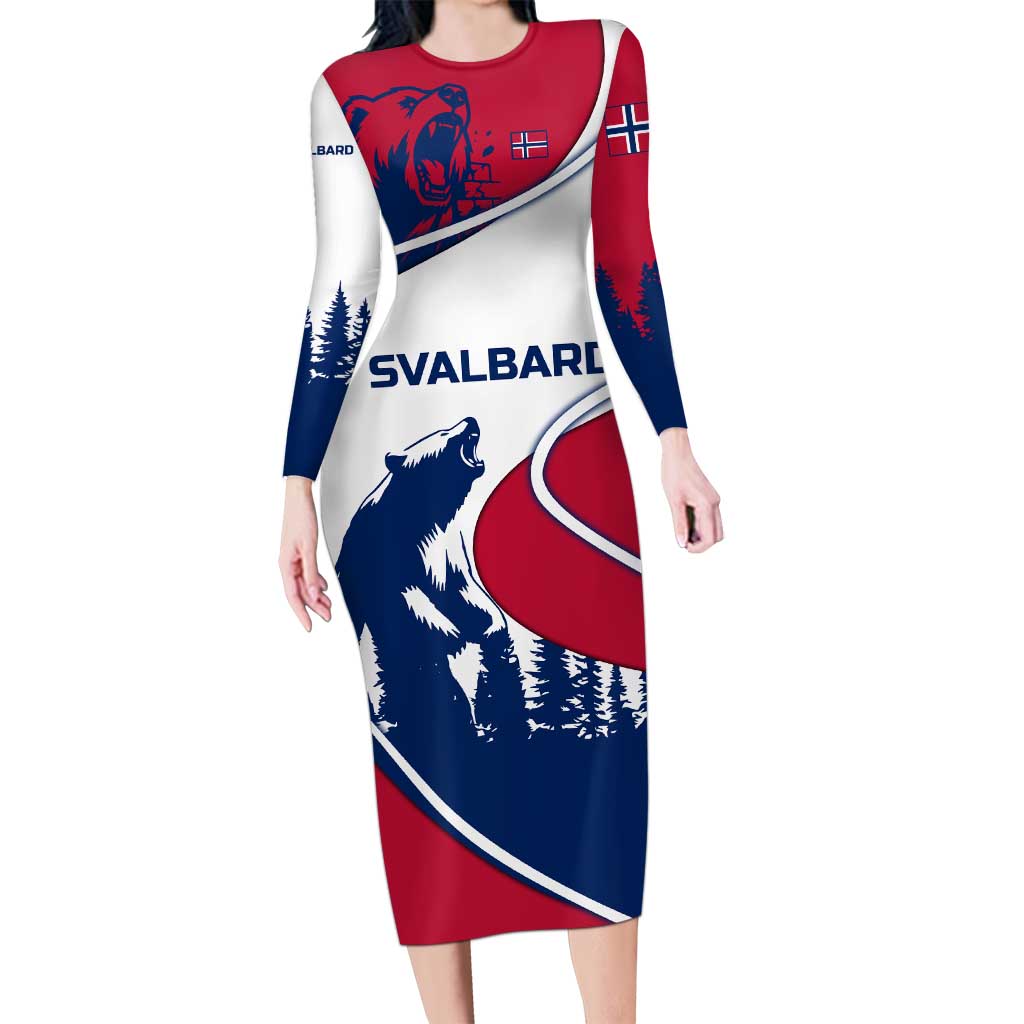 Svalbard Norway Long Sleeve Bodycon Dress with Polar Bear Forest and Norwegian Flag - Wonder Print Shop