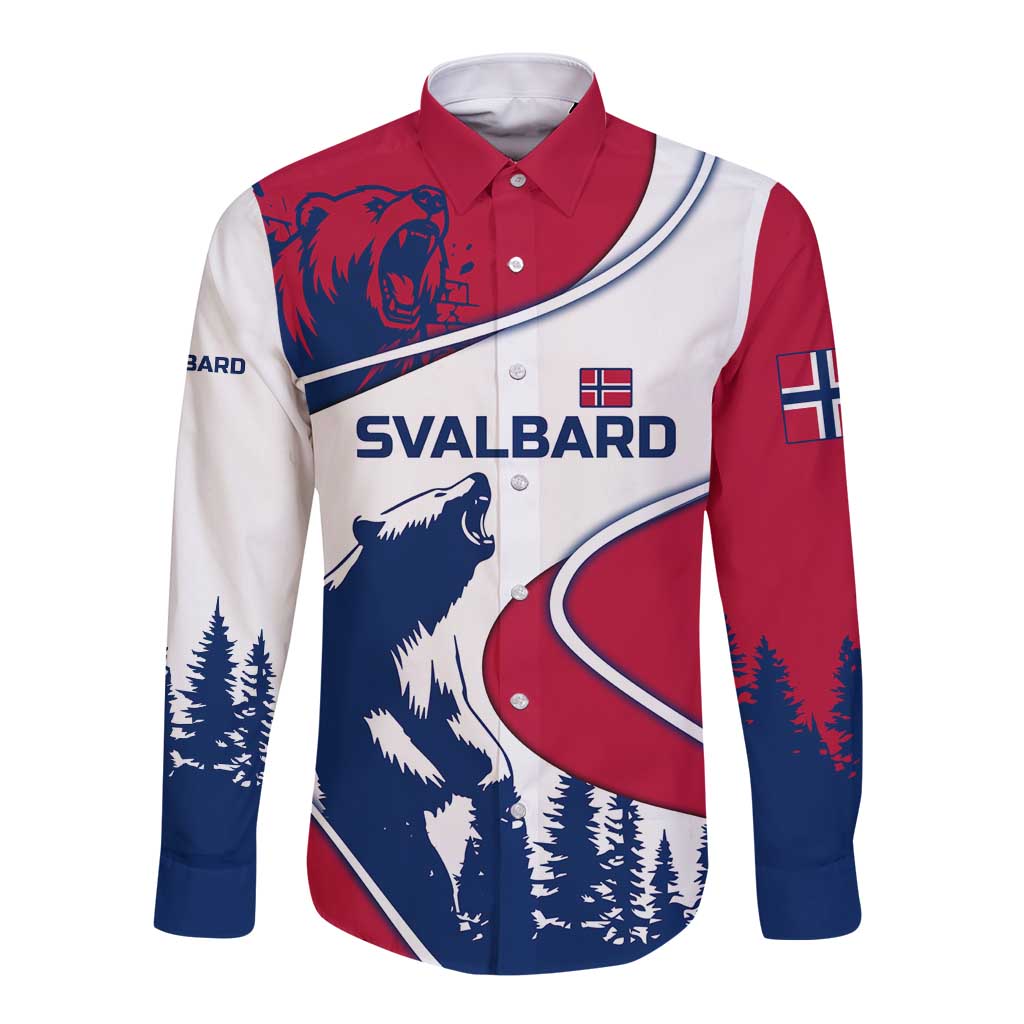 Svalbard Norway Long Sleeve Button Shirt with Polar Bear Forest and Norwegian Flag - Wonder Print Shop
