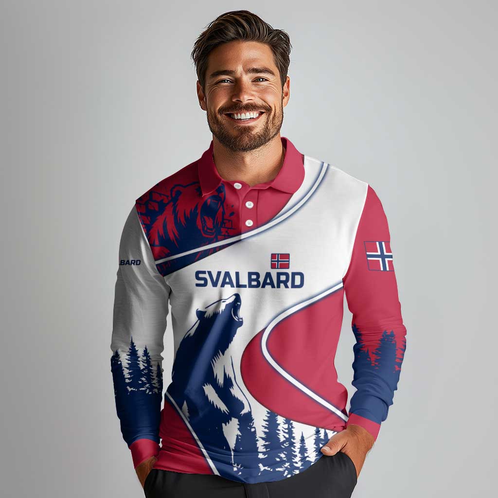 Svalbard Norway Long Sleeve Polo Shirt with Polar Bear Forest and Norwegian Flag - Wonder Print Shop
