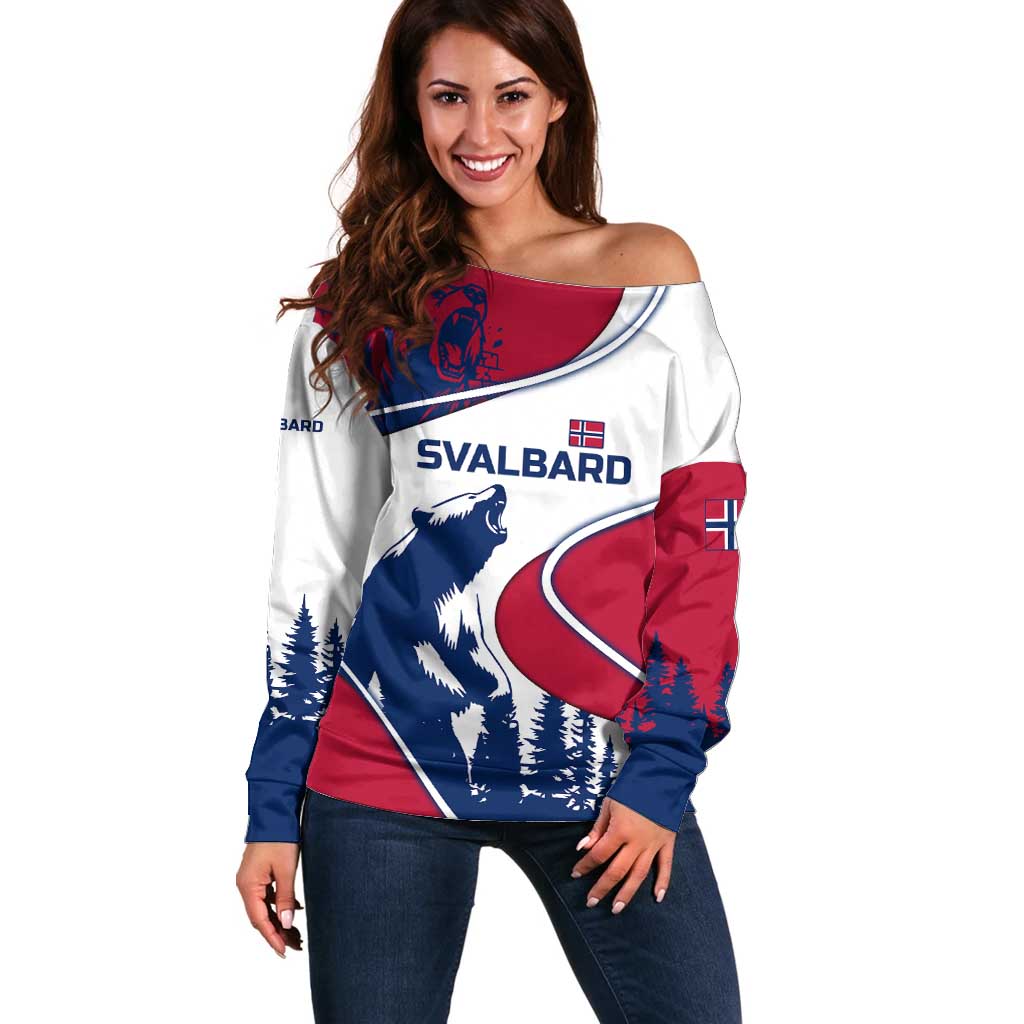 Svalbard Norway Off Shoulder Sweater with Polar Bear Forest and Norwegian Flag - Wonder Print Shop
