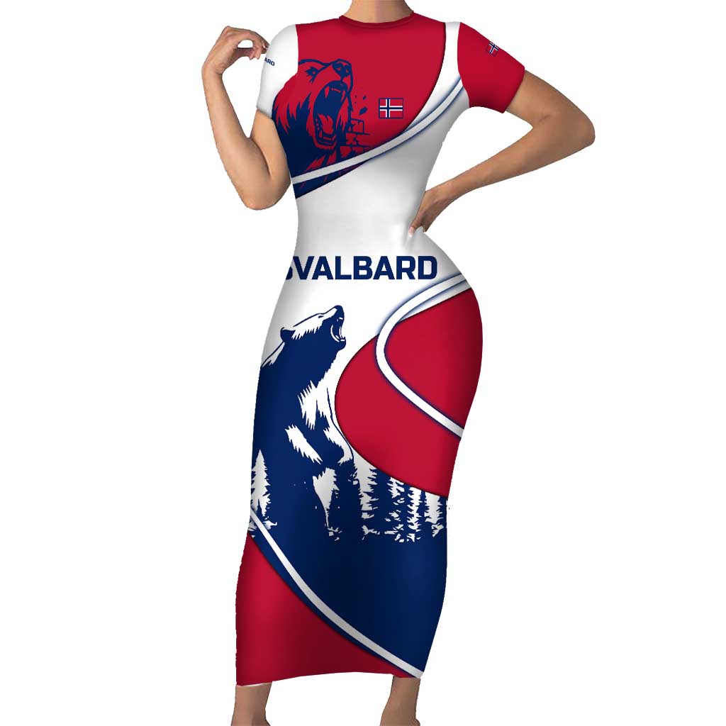 Svalbard Norway Short Sleeve Bodycon Dress with Polar Bear Forest and Norwegian Flag - Wonder Print Shop