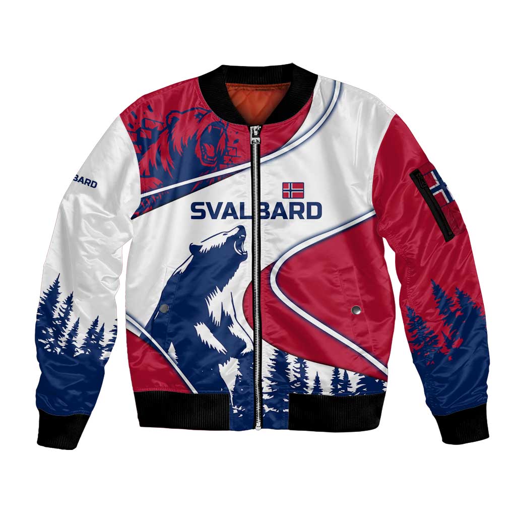 Svalbard Norway Sleeve Zip Bomber Jacket with Polar Bear Forest and Norwegian Flag - Wonder Print Shop