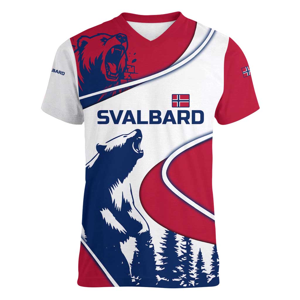 Svalbard Norway Women V-Neck T-Shirt with Polar Bear Forest and Norwegian Flag - Wonder Print Shop