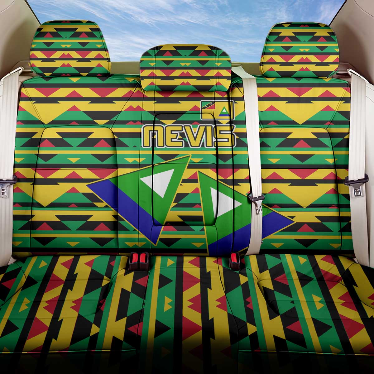 Nevis in Saint Kitts and Nevis Back Car Seat Cover Geometric Pattern and Coat of Arms - Wonder Print Shop