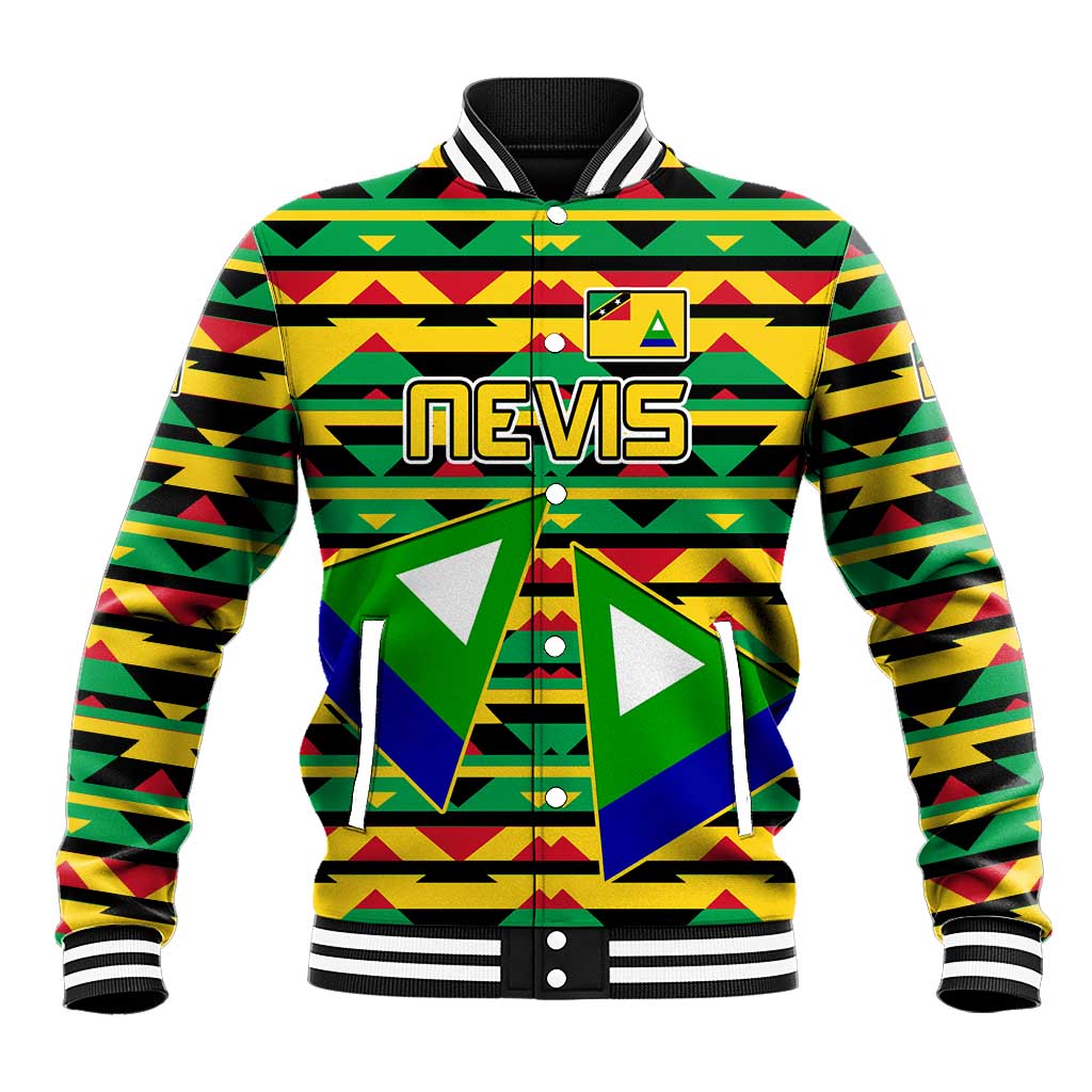 Nevis in Saint Kitts and Nevis Baseball Jacket Geometric Pattern and Coat of Arms - Wonder Print Shop