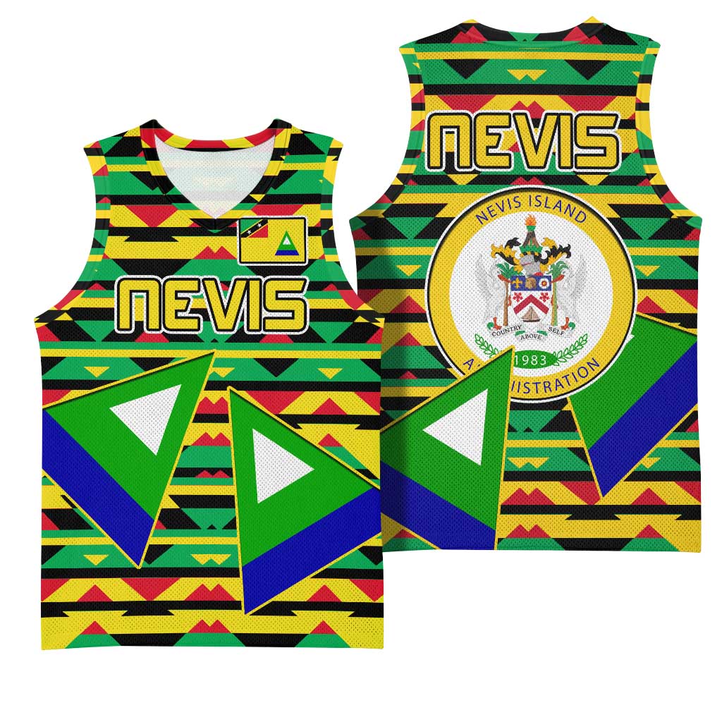 Nevis in Saint Kitts and Nevis Basketball Jersey Geometric Pattern and Coat of Arms - Wonder Print Shop