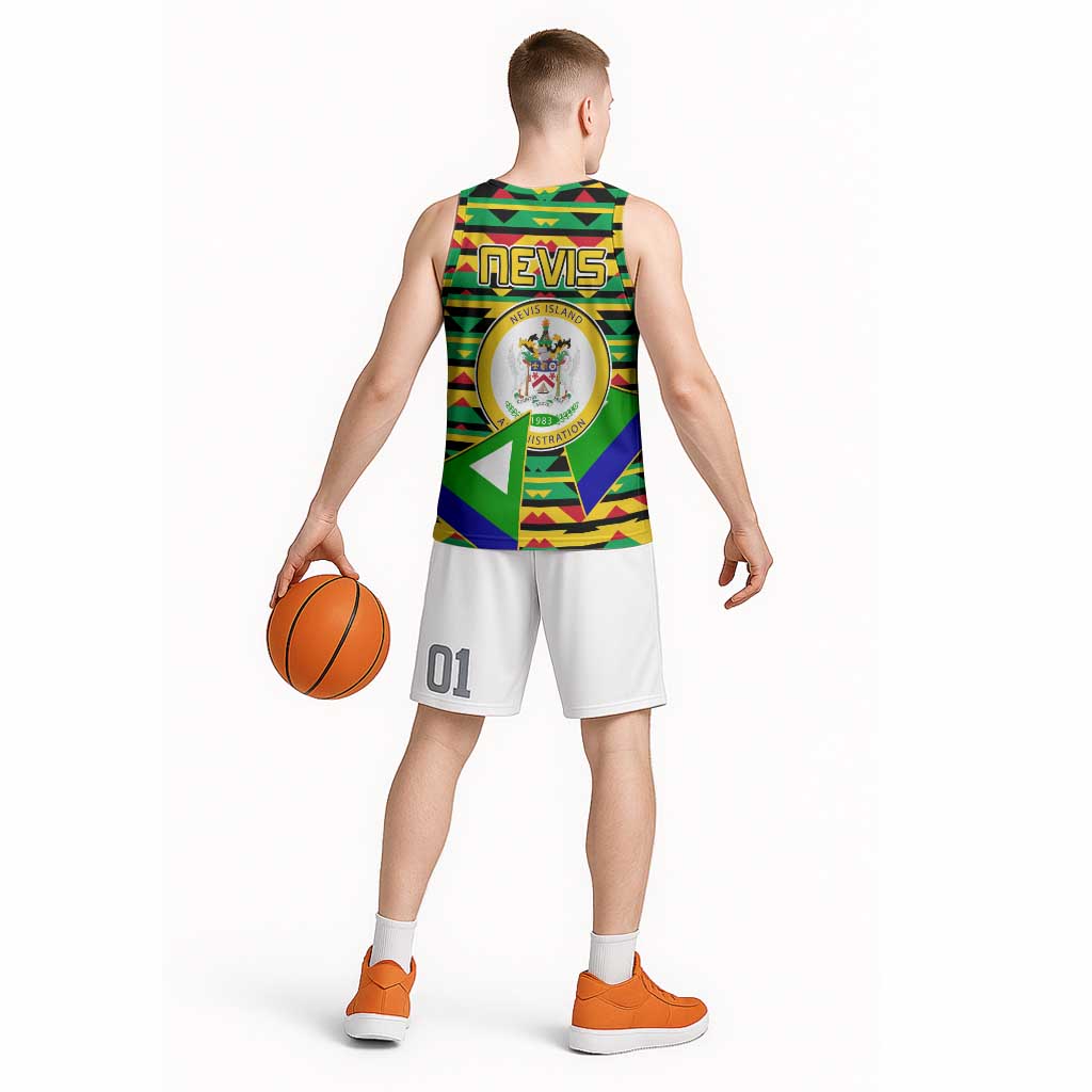 Nevis in Saint Kitts and Nevis Basketball Jersey Geometric Pattern and Coat of Arms - Wonder Print Shop