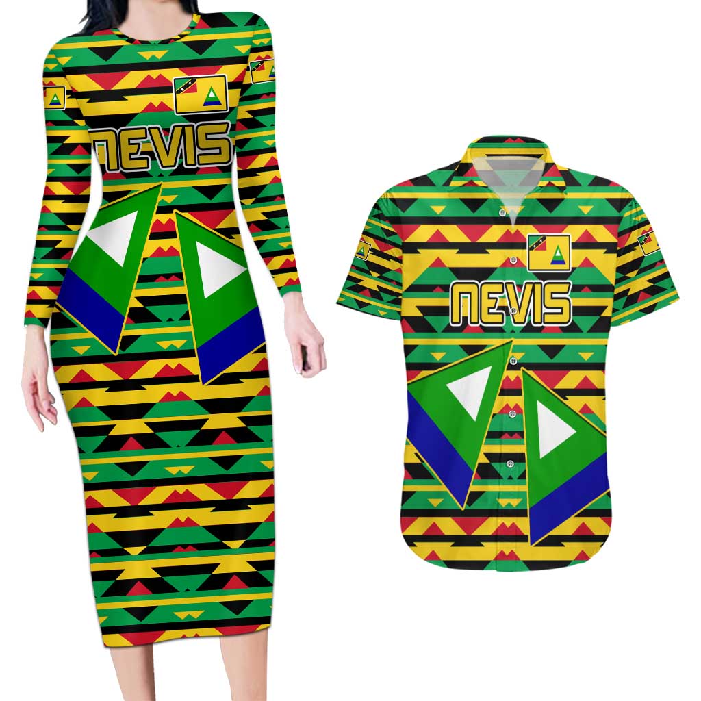 Nevis in Saint Kitts and Nevis Couples Matching Long Sleeve Bodycon Dress and Hawaiian Shirt Geometric Pattern and Coat of Arms - Wonder Print Shop