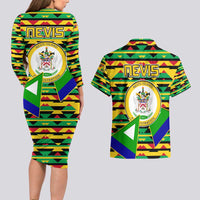 Nevis in Saint Kitts and Nevis Couples Matching Long Sleeve Bodycon Dress and Hawaiian Shirt Geometric Pattern and Coat of Arms - Wonder Print Shop