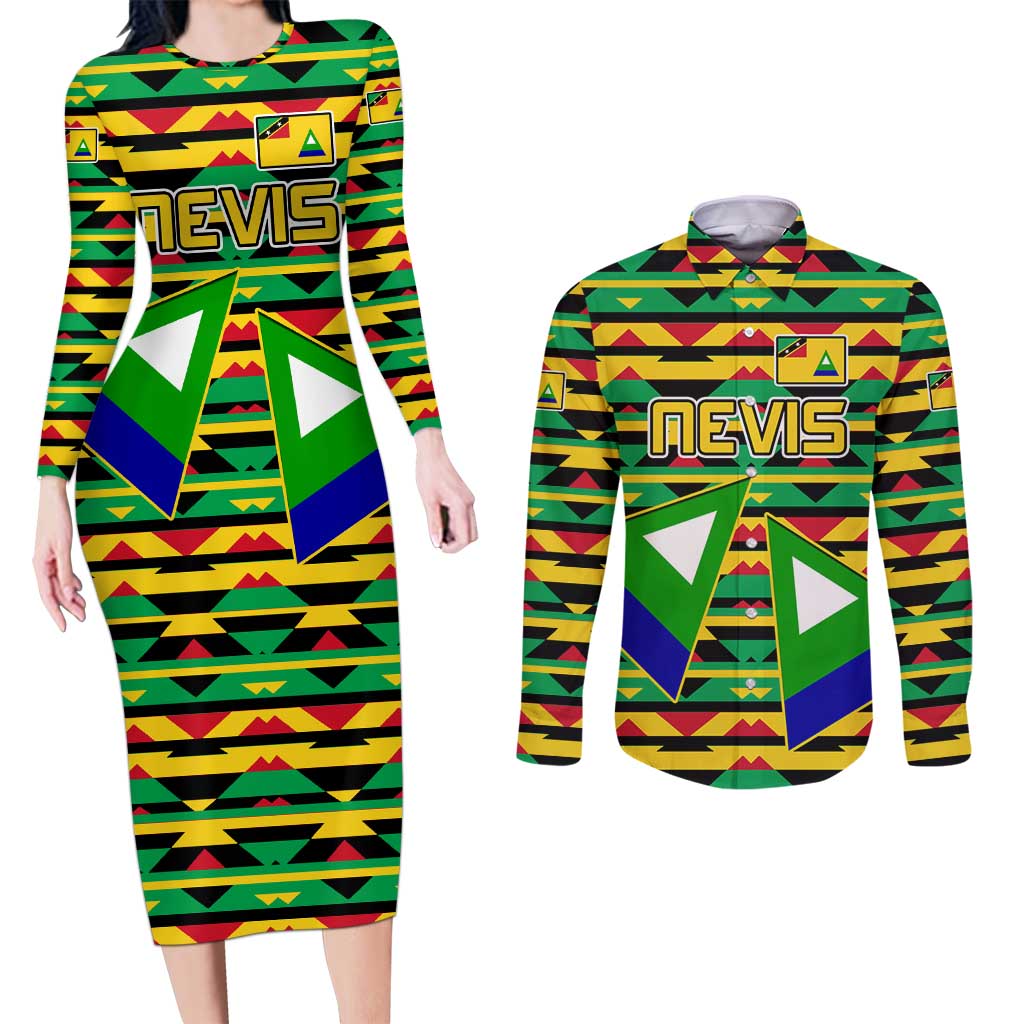 Nevis in Saint Kitts and Nevis Couples Matching Long Sleeve Bodycon Dress and Long Sleeve Button Shirt Geometric Pattern and Coat of Arms - Wonder Print Shop
