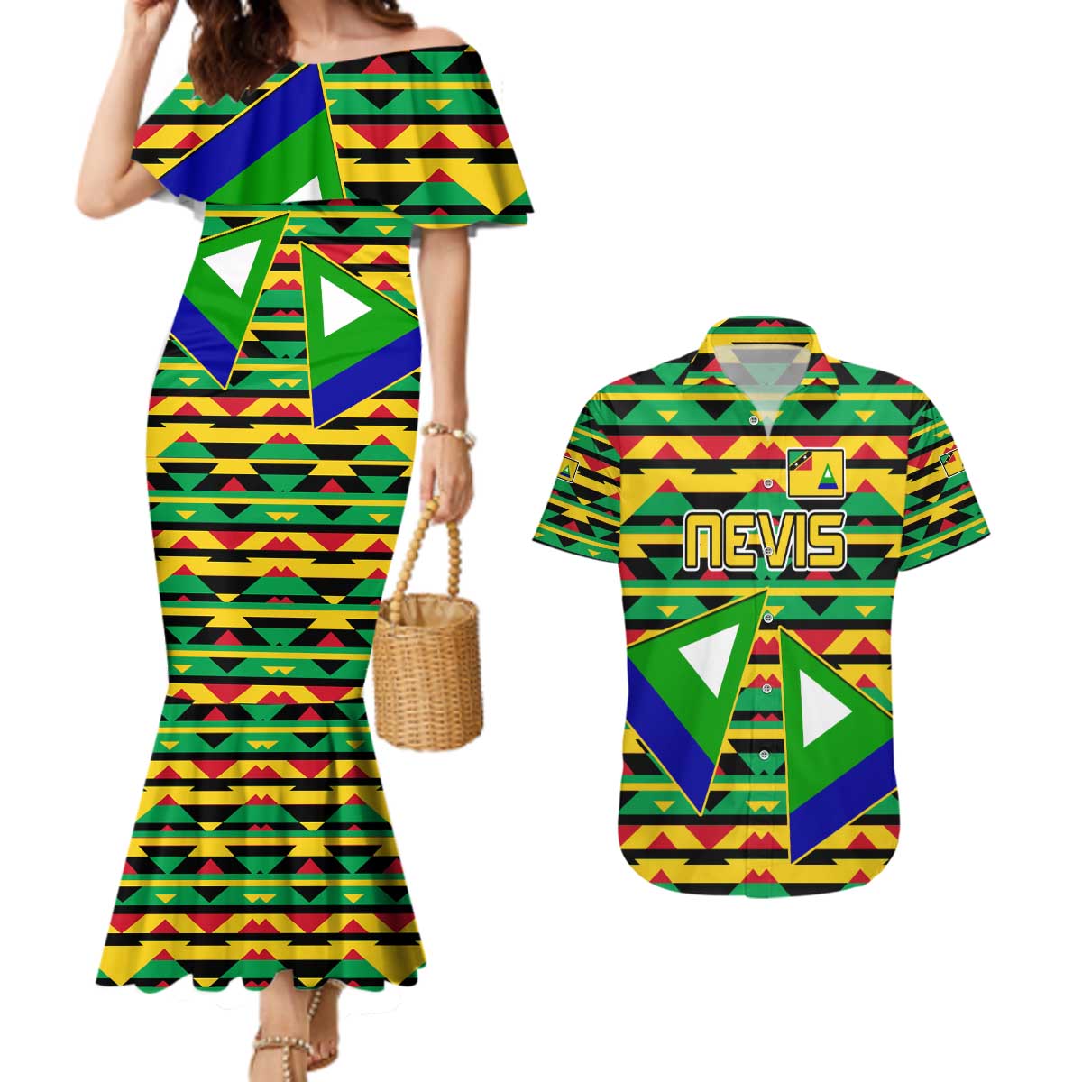 Nevis in Saint Kitts and Nevis Couples Matching Mermaid Dress and Hawaiian Shirt Geometric Pattern and Coat of Arms - Wonder Print Shop