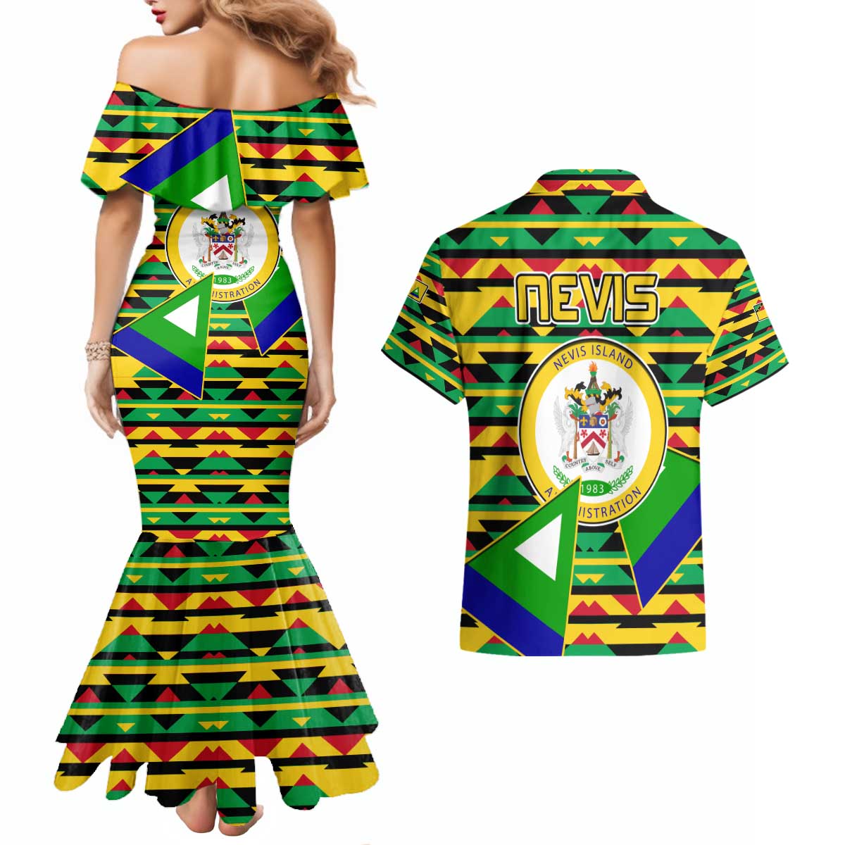 Nevis in Saint Kitts and Nevis Couples Matching Mermaid Dress and Hawaiian Shirt Geometric Pattern and Coat of Arms - Wonder Print Shop