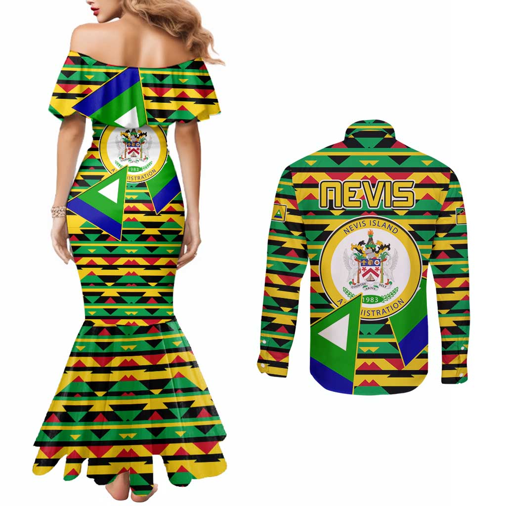 Nevis in Saint Kitts and Nevis Couples Matching Mermaid Dress and Long Sleeve Button Shirt Geometric Pattern and Coat of Arms - Wonder Print Shop