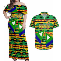 Nevis in Saint Kitts and Nevis Couples Matching Off Shoulder Maxi Dress and Hawaiian Shirt Geometric Pattern and Coat of Arms - Wonder Print Shop