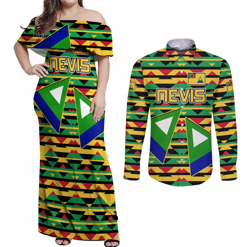 Nevis in Saint Kitts and Nevis Couples Matching Off Shoulder Maxi Dress and Long Sleeve Button Shirt Geometric Pattern and Coat of Arms - Wonder Print Shop
