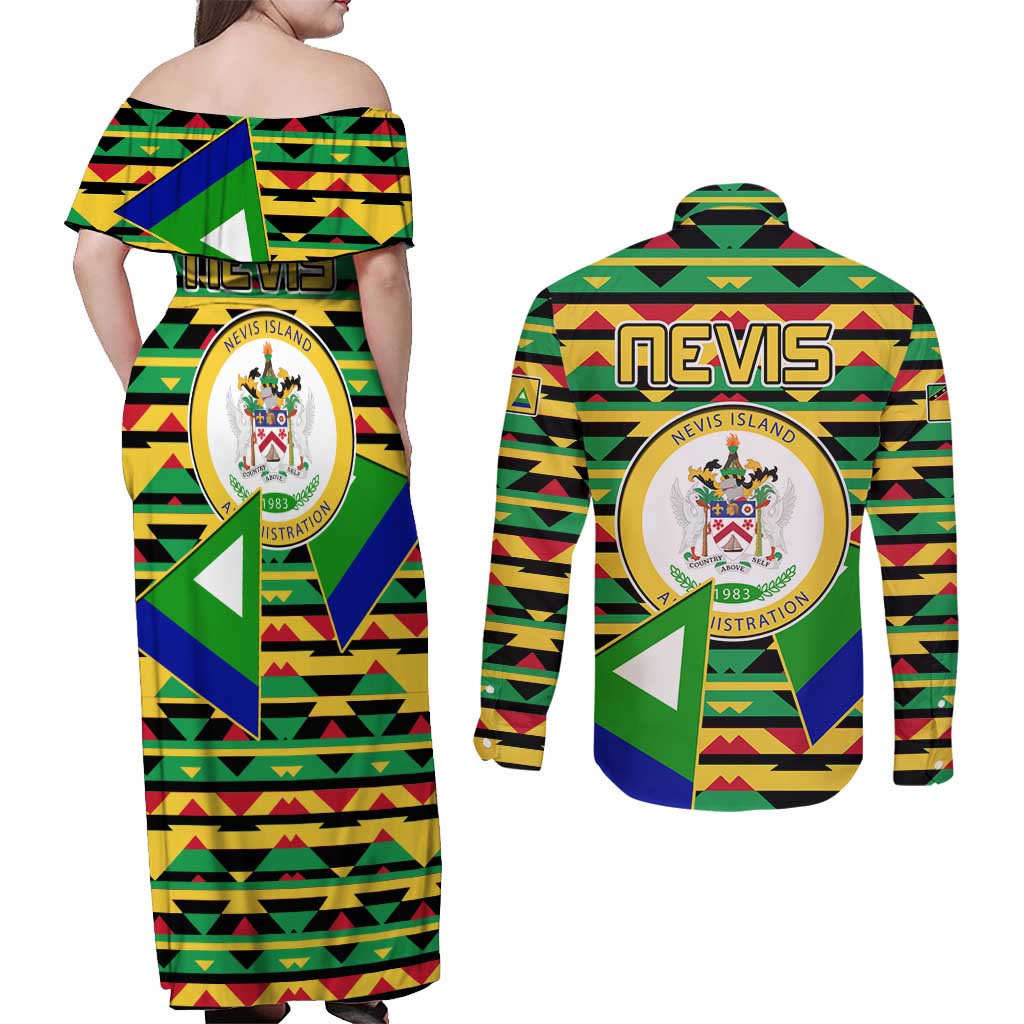Nevis in Saint Kitts and Nevis Couples Matching Off Shoulder Maxi Dress and Long Sleeve Button Shirt Geometric Pattern and Coat of Arms - Wonder Print Shop
