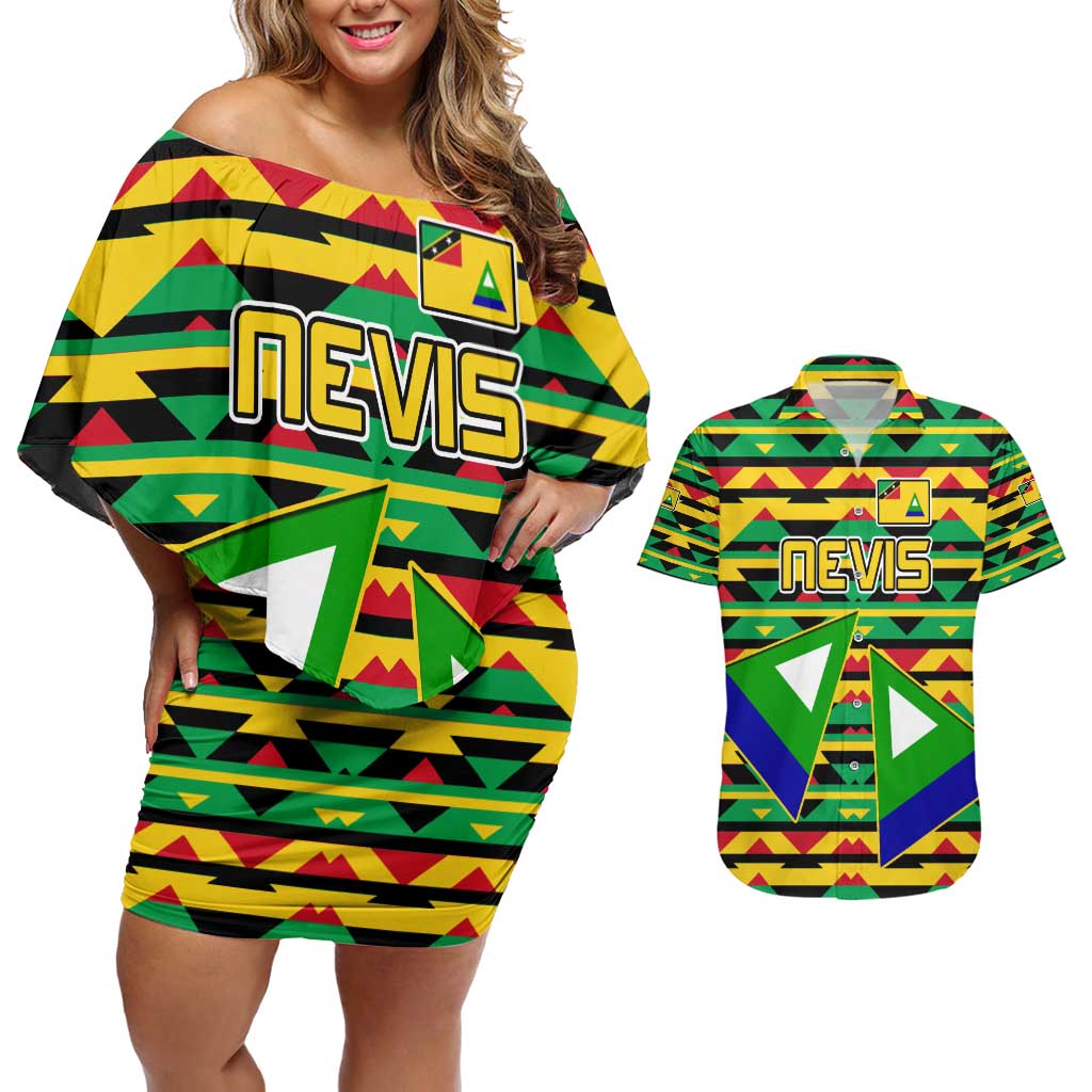 Nevis in Saint Kitts and Nevis Couples Matching Off Shoulder Short Dress and Hawaiian Shirt Geometric Pattern and Coat of Arms - Wonder Print Shop