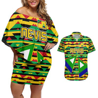 Nevis in Saint Kitts and Nevis Couples Matching Off Shoulder Short Dress and Hawaiian Shirt Geometric Pattern and Coat of Arms - Wonder Print Shop